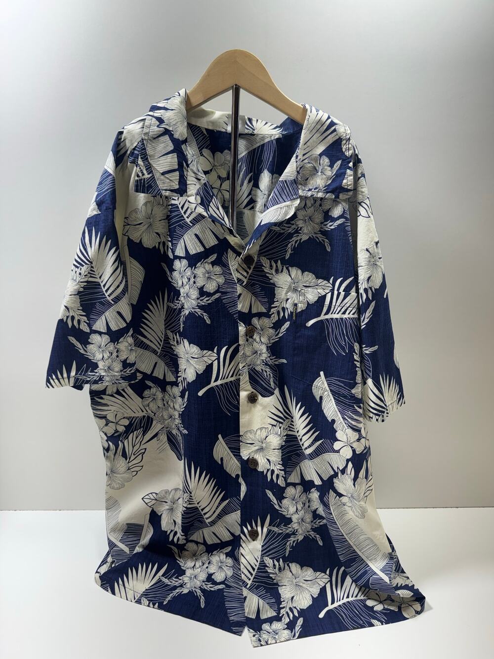 Palm Wave Men’s Hawaiian Aloha Button Short Sleeve Shirt Sz XL Blue White Beach